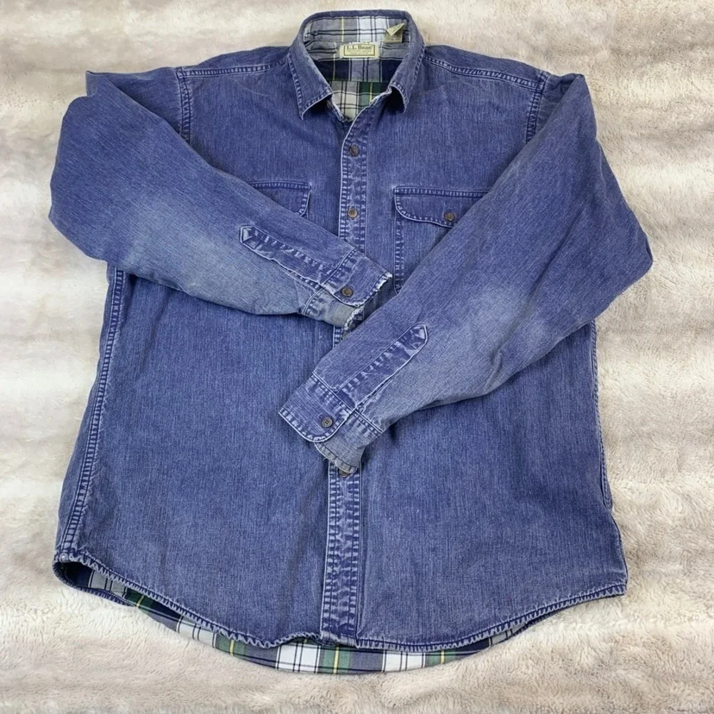 Vintage‎ L.L.Bean Denim Flannel Lined Shirt Jacket Mens Large Made in USA Blue